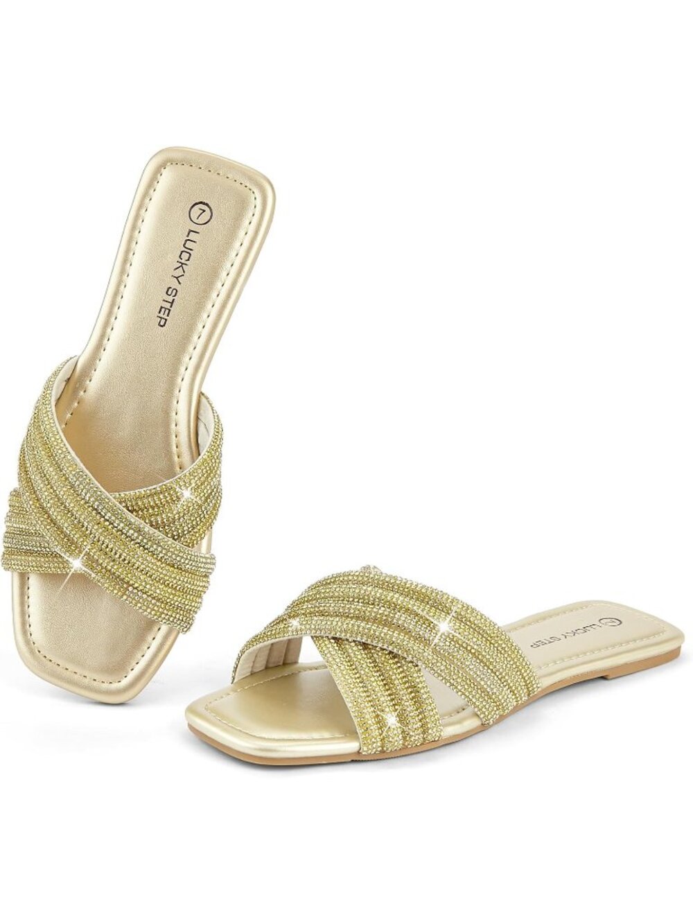 🆕Women's Gold Rhinestone Flat Sandals Glitter Slide Sparkle Open Toe